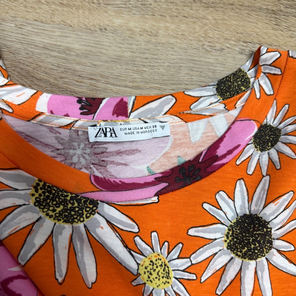 Zara Orange Floral Print T-Shirt Dress Women Size M 100% cotton - Picture 6 of 7